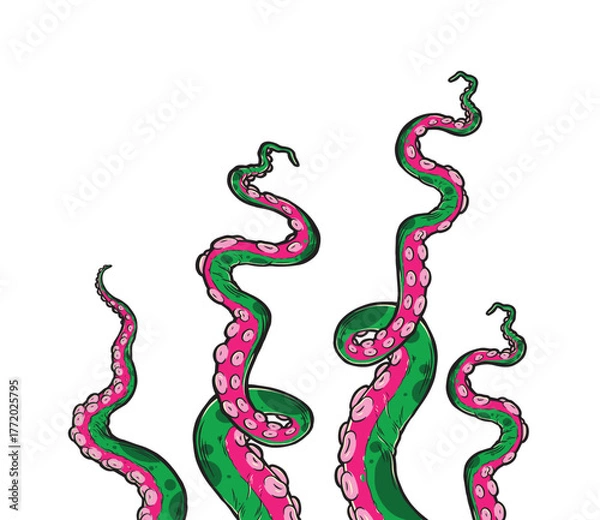 Fototapeta Tentacles of octopus, vector hand drawn collection of illustrations. Black and white engraving style drawings. Tentacle straight and with rings in different angles.