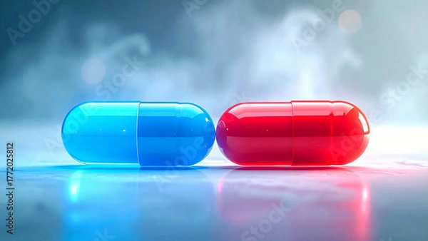 Fototapeta Neon glowing red and blue capsules symbolizing futuristic choice and technological innovation
