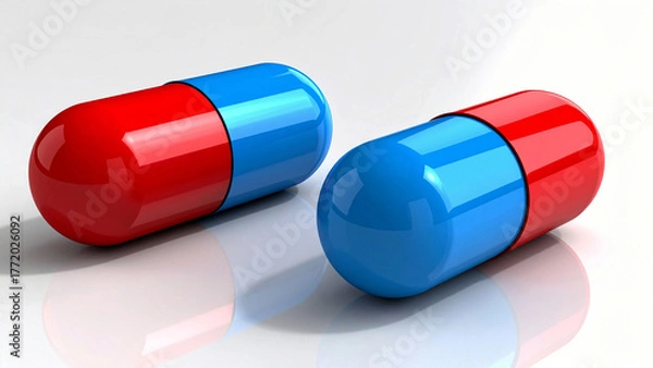 Fototapeta Neon glowing red and blue capsules symbolizing futuristic choice and technological innovation
