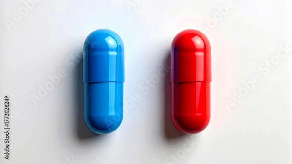 Fototapeta Glossy red and blue capsules symbolizing medical innovation, choice, and decisive future health
