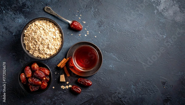 Fototapeta Healthy breakfast with oats, dates and tea on dark background