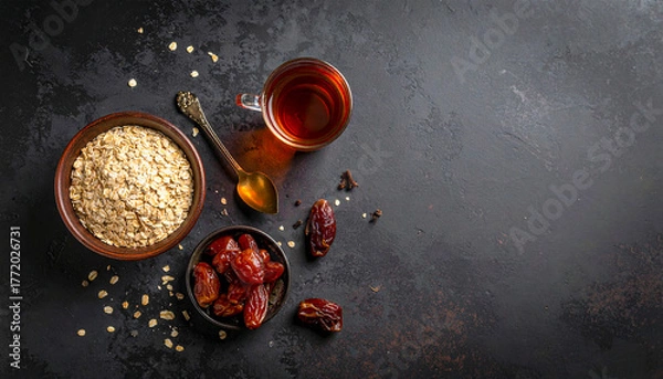 Fototapeta Healthy breakfast with oats, dates and tea on dark background