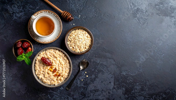 Fototapeta Healthy breakfast with oats, dates and tea on dark background