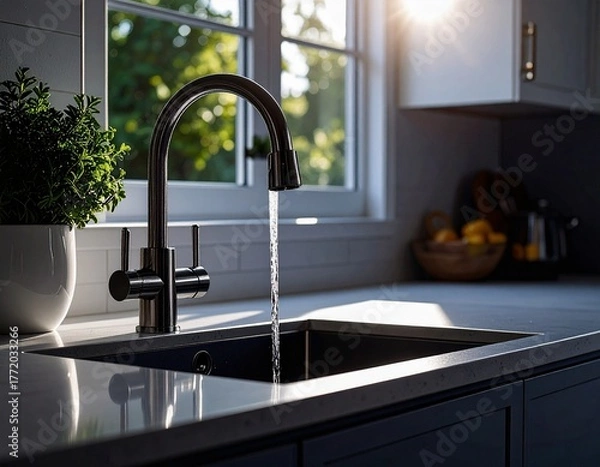Fototapeta モダンなキッチンの蛇口から流れる水
