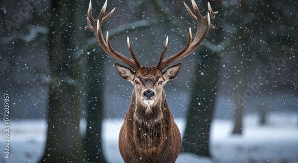 Fototapeta Winter Wilderness: Regal Stag with a Large Rack and Falling Snow