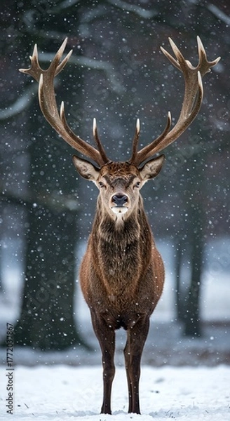 Fototapeta Wildlife Portrait: Male Red Deer Looking Directly at the Camera During Winter
