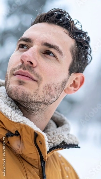 Obraz Man outdoors in snowy mountain environment wearing warm jacket with calm thoughtful look.
