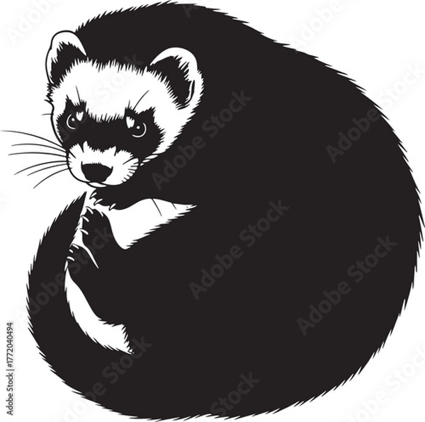 Obraz Adorable black footed ferret curled up looking curious and alert in high contrast monochrome