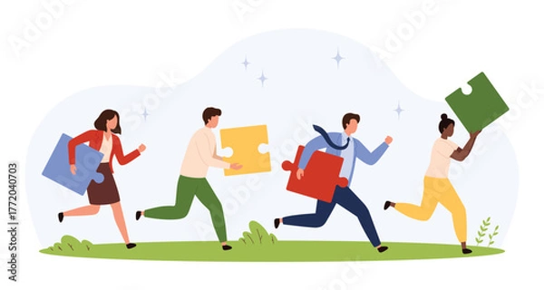 Fototapeta Business people running together holding colorful puzzle pieces symbolizing collaboration, problem solving, and achieving shared goals in a flat style isolated vector illustration