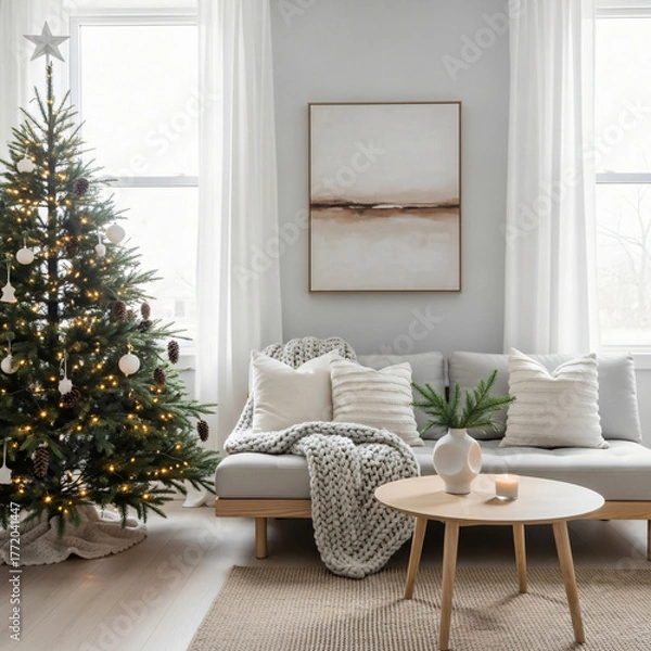 Obraz Modern living room decorated for Christmas with beautiful Christmas tree, warm lights, and cozy sofa.