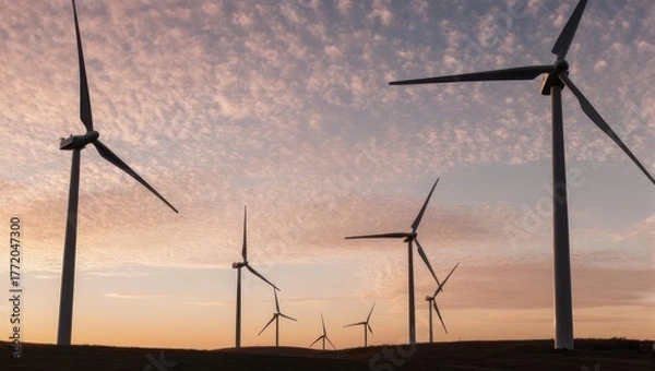 Obraz Wind turbines on a barren landscape under a beautiful, clouded sunset sky, creating renewable energy