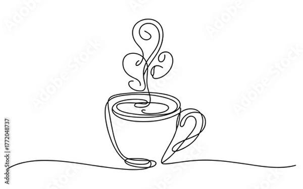 Obraz one line illustration of a steaming coffee cup, simple modern design symbolizing warmth, comfort, and relaxation in everyday life.