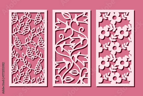 Fototapeta Decorative vertical panels with floral pattern. Vector design for home interior decor, partition, privacy screen, wall art, room dividers. Template for laser, cnc, plasma and plotter cutting