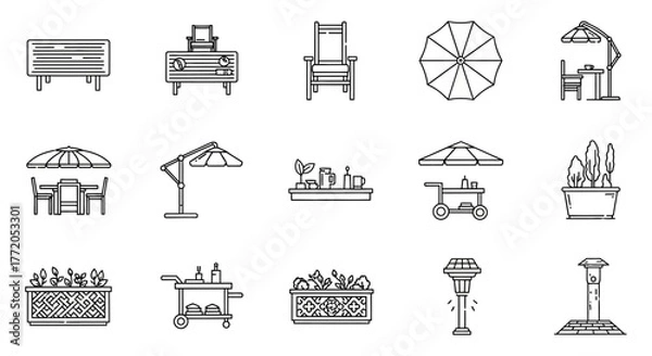 Fototapeta outdoor furniture collection patio chairs umbrellas and planters creating a relaxed outdoor space perfect for home decor and garden design ideas.