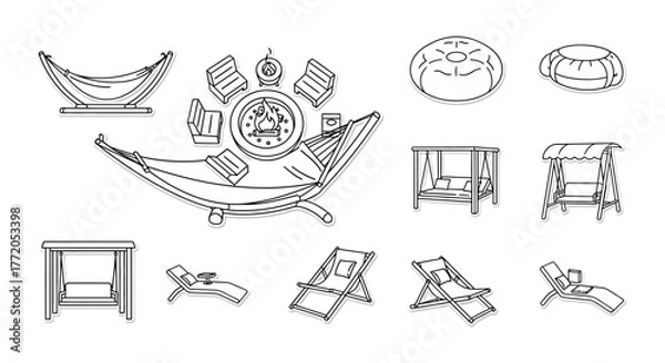 Fototapeta outdoor furniture arrangement for patio relaxation creating a cozy backyard retreat with hammocks fire pit seating and lounge chairs for leisure time.