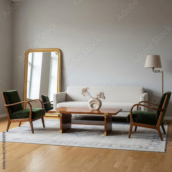 Obraz Modern Scandinavian living room interior with neutral color palette, cozy sofa, minimalist coffee table, and natural light from window. Stylish home decor in warm and bright atmosphere.