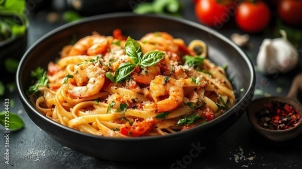 Fototapeta Delicious shrimp pasta dish with fettuccine, garnished with fresh basil and herbs, served in a black bowl, surrounded by tomatoes and garlic, showcasing vibrant culinary presentation