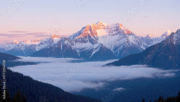 Fototapeta Sunrise over snowcapped mountains, golden light illuminating winter peaks and valleys, breathtaking landscape showing nature’s majestic beauty