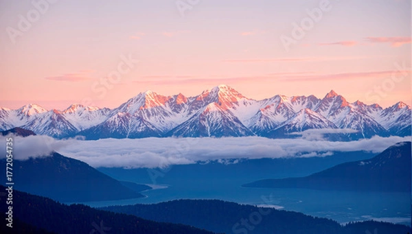 Fototapeta Sunrise over snowcapped mountains, golden light illuminating winter peaks and valleys, breathtaking landscape showing nature’s majestic beauty