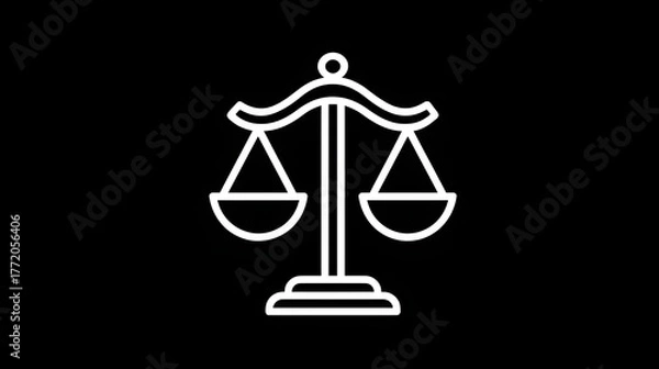 Fototapeta Simple white outline depiction of a balanced scale symbol against a dark background