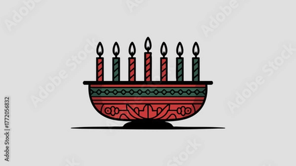 Fototapeta Illustration of a decorative cake with seven lit candles, a celebratory design.