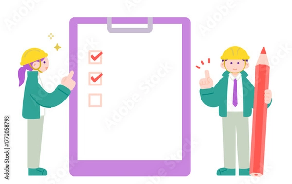 Obraz 書類をチェックする作業服に安全ヘルメットの男性と女性