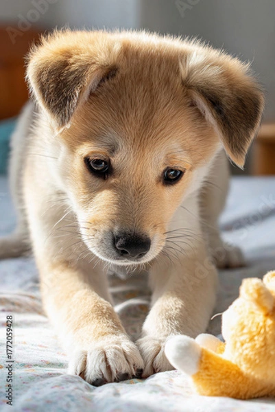 Fototapeta おもちゃを見つめる子犬の好奇心あふれる表情

