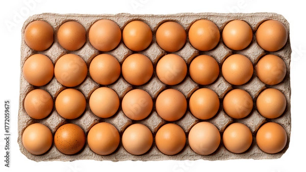 Obraz Top view of brown chicken eggs in carton tray – organic farm fresh eggs isolated