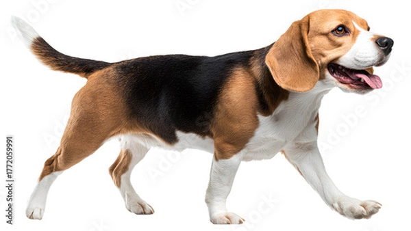 Obraz Beagle dog walking isolated on transparent background – cute tricolor pet animal