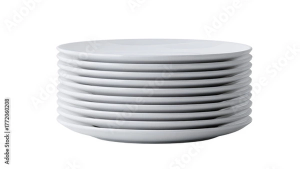 Obraz Stack of clean white ceramic plates isolated on transparent background – kitchen tableware set