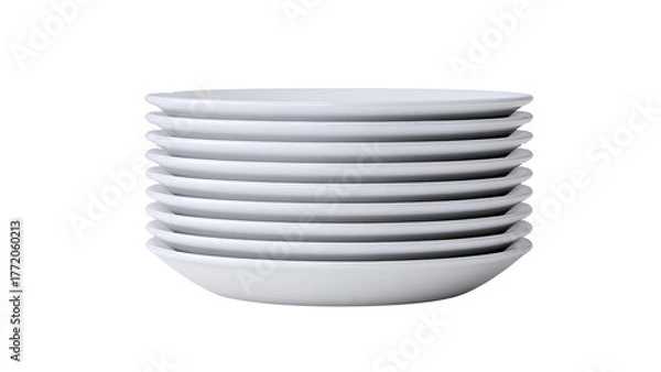 Obraz Stack of clean white ceramic plates isolated on transparent background – kitchen tableware set