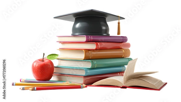 Obraz Education concept with books, graduation cap, and apple isolated on transparent background