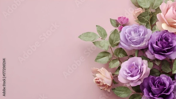 Obraz Elegant pastel roses bouquet on pink background – romantic floral wallpaper design
