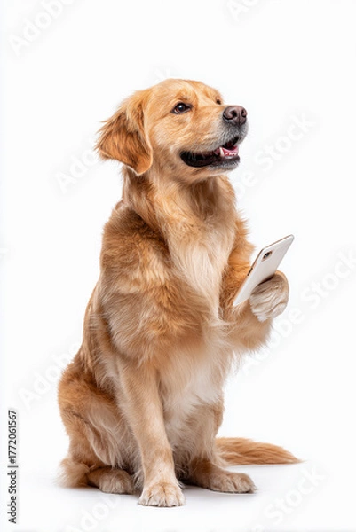 Fototapeta スマートフォンを持つゴールデンレトリバーのユニークなポーズ
