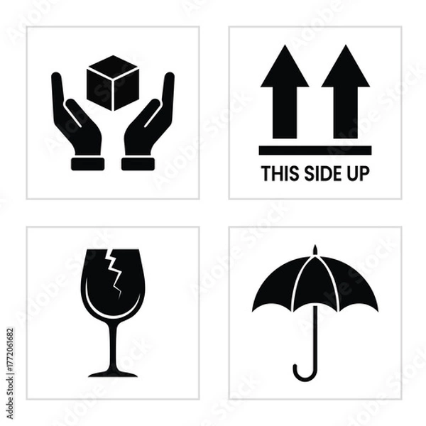 Fototapeta Collection of four shipping and handling symbols including handle with care, this side up, fragile glass, and keep dry