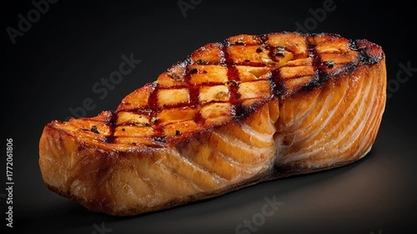 Obraz Grilled salmon steak with golden crust – delicious seafood on clean background