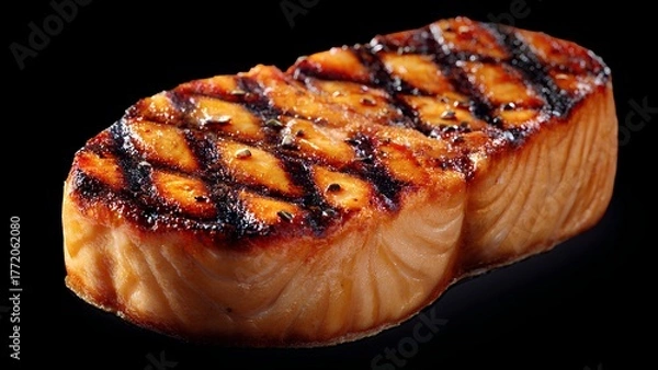 Obraz Grilled salmon steak with golden crust – delicious seafood on clean background