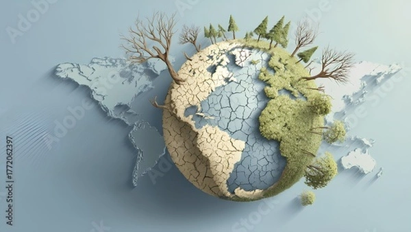 Obraz Global warming and climate change concept – earth cracking and deforestation illustration