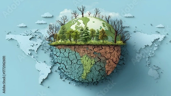Obraz Global warming and climate change concept – earth cracking and deforestation illustration