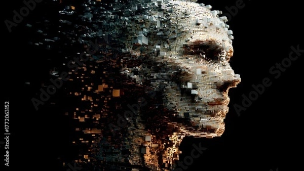 Obraz Futuristic AI human face made of digital cubes – abstract artificial intelligence art