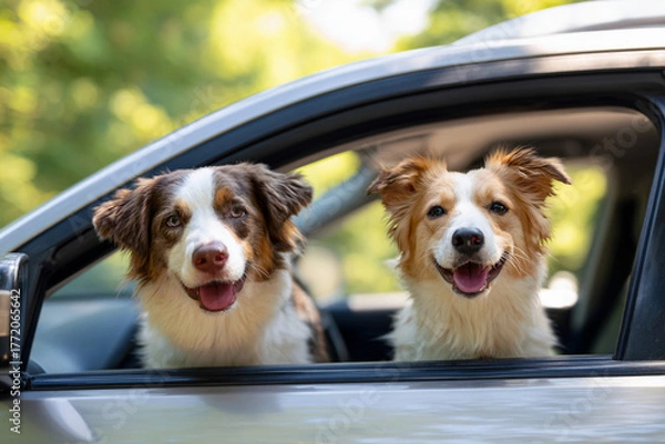Fototapeta ドライブを楽しむ2匹の犬のワクワク旅
