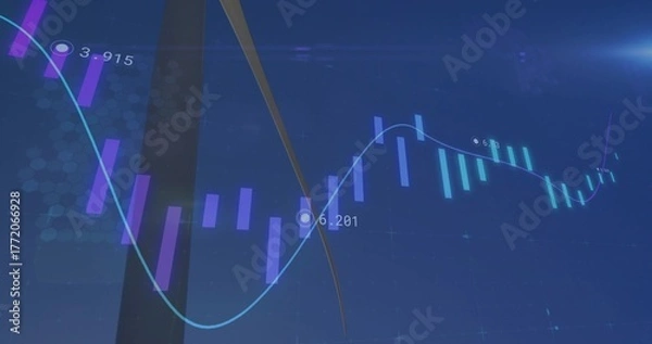Fototapeta Displaying financial data fluctuating on dashboard with turquoise line, data labels and golden arc