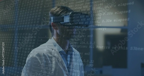 Obraz Analyzing scientist wearing white lab coat and VR headset in tech lab, with projected code lines