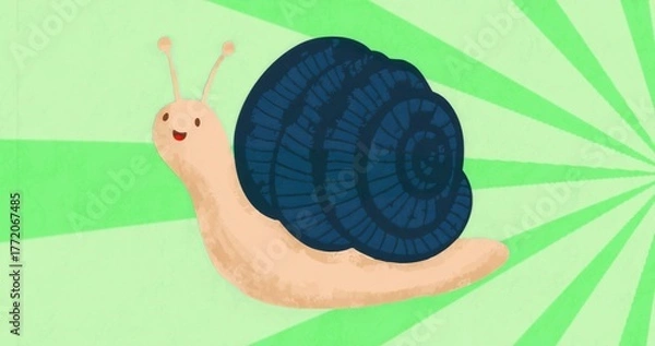 Fototapeta Stylized cartoon snail smiling in abstract radial green background, with dark blue spiral shell