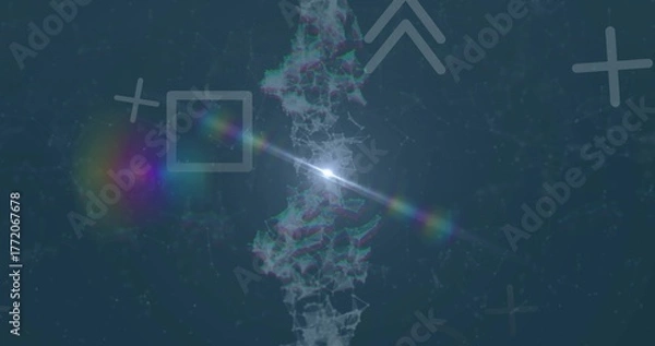 Fototapeta Central vertical glowing network emitting bright rainbow flare on blue interface, with UI icons
