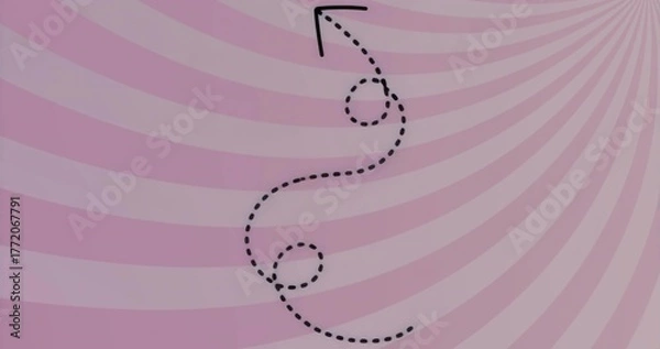 Fototapeta Looping black dashed arrow line curving upward over pink radial stripes, pointing upper right