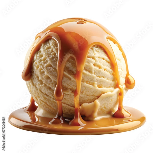 Fototapeta Caramel Splash over Ice Cream Scoop: Dripping caramel over vanilla ice cream scoop, frozen motion, vivid lighting and detail PNG.