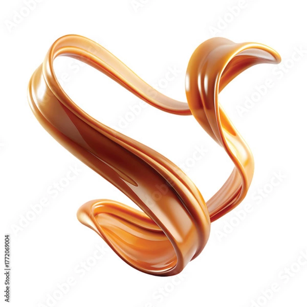 Fototapeta Caramel Ribbon Wave: Flowing ribbon of caramel in a wavy motion, glossy reflection, PNG style.