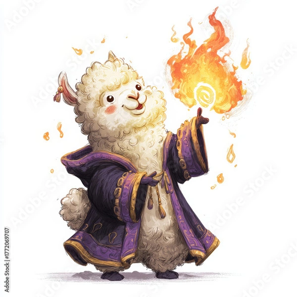 Obraz Magical llama performing fire tricks fantasy realm illustration whimsical creative concept