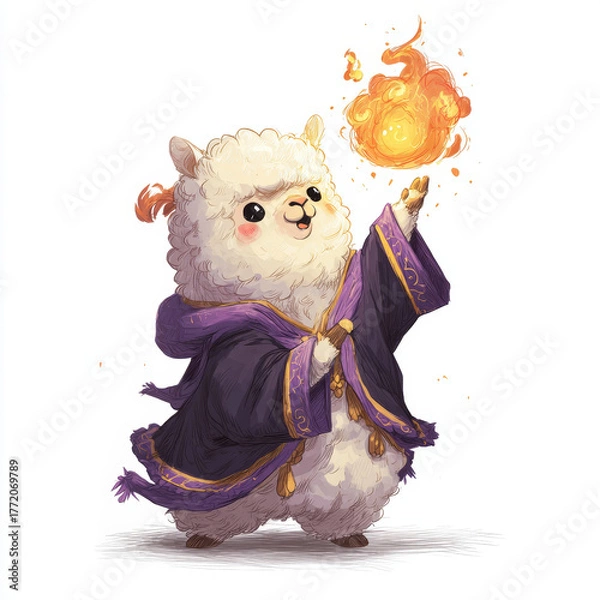 Fototapeta Magical llama wizard casting fire spell in enchanted forest fantasy art whimsical scene